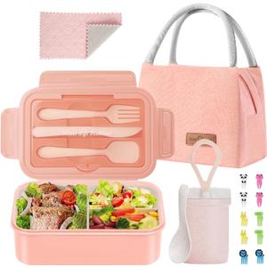 Bento Lunch Box for Kids, Lunch Box Leak-proof for Girls Boys Adults Teens School, Lunch Containers Durable with Lunch Bag, Cup, Spoon, Forks, Dishcloth (Pink Set)