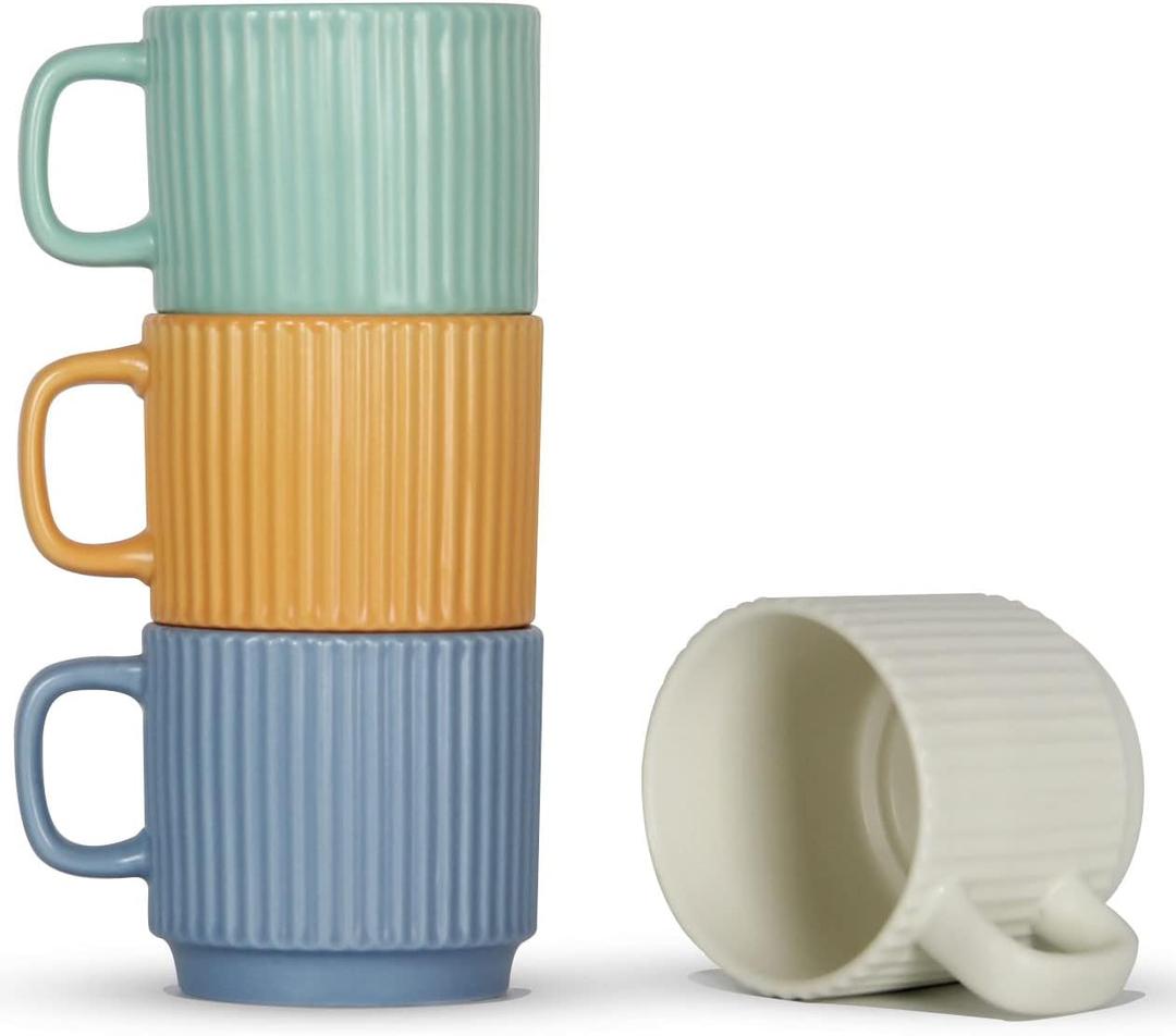 Stackable Coffee Mugs Set of 4, 7 OZ Ceramics Espresso Cups for Latte Cappuccino Cocoa with Handle, Colorful