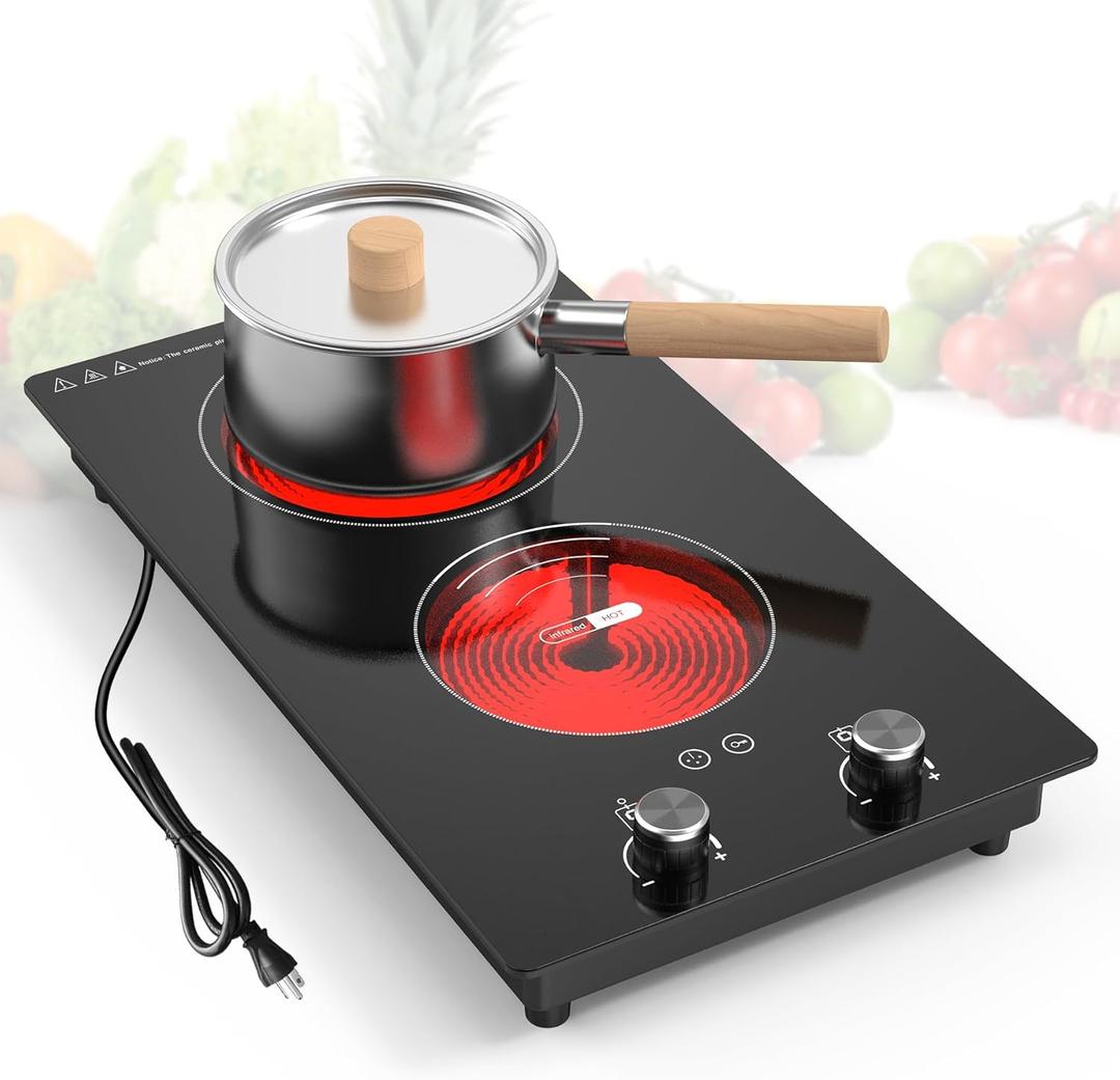 VBGK 2 Burner Electric Cooktop,3000W Built-in and Countertop Electric Stove Top Burner with 9 Heating Level, Timer & Kid Safety Lock, LED Knob Control 220V Plug (Electric Cooktop 2 Burner)