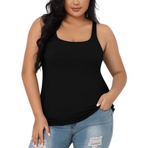 V FOR CITY Plus Size Tank Top for Women with Shelf Bra Adjustable Wide Strap Camisole Summer Basic Cotton Udershirts , Black)