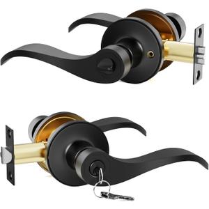1 Pack Entry Black Door Handle with Lock and Key, Door Levers Interior Exterior Handle Lock, Reversible Front Entrance for Bedroom Wave Style Lever Handles
