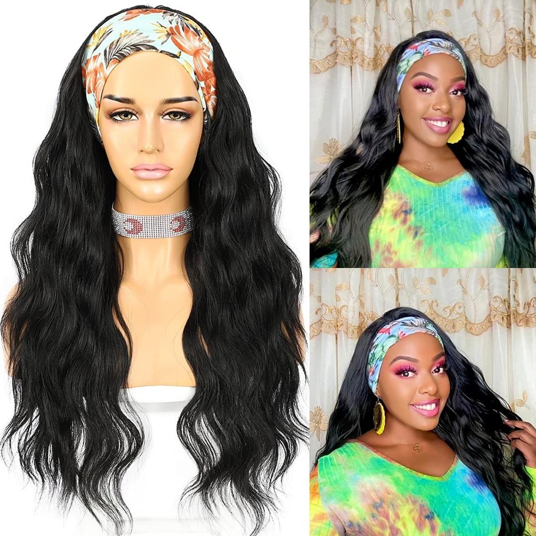 SAPPHIREWIGS Headband Wig for Black Women Loose Body Wave Synthetic Hair Wavy Glueless None Lace Front Wigs Natural Black Color Wigs 150% Density 26inch