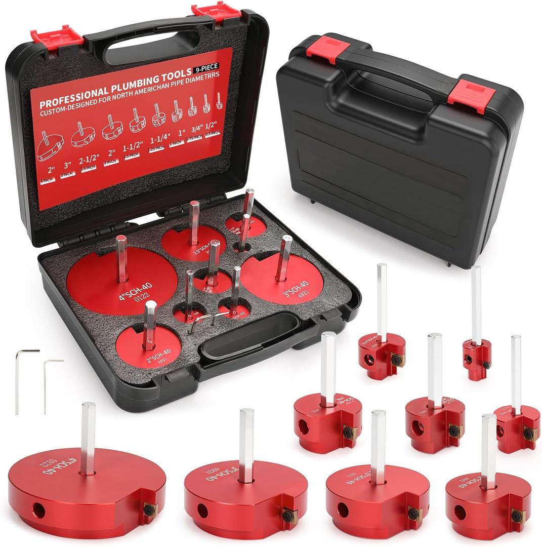 9 Pcs PVC Pipe Reamer Kit With 1/2 inch, 3/4 inch, 1 inch, 1-1/4inch, 1-1/2inch, 2inch, 2-1/2inch, 3inch, 4inch, 2 Carbide Inserts,for SCH40 PVC, ABS, and CPVC pipe jacketing