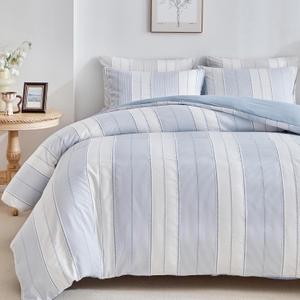 WARMDERN Blue Striped Weave Duvet Cover King Size, White Knit Boho Duvet Cover Set, Microfiber Textured Bedding Set with Zipper Closure and Corner Ties (Blue, King)