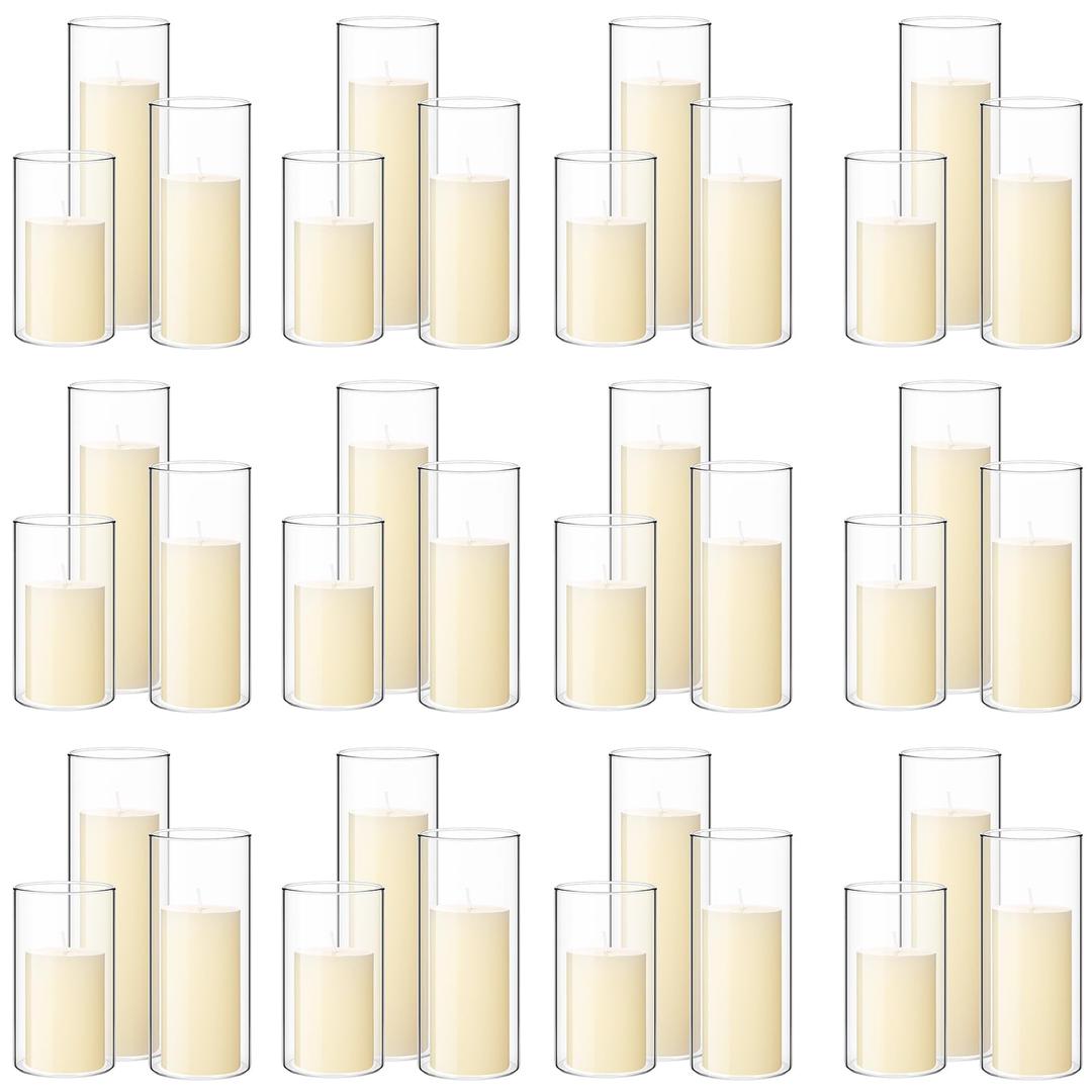 72 Pcs Pillar Candles and Glass, 2.6'' X 4.7'', 5.9'', 7.9'', Ivory White