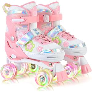 SULIFEEL Roller Skates for Girls Ages 3-12, 4 Sizes Adjustable Kids Quad Skates with Light up Wheels-Birthday Gift for Indoor Outdoor Sports (Small - Little Kid, Green)