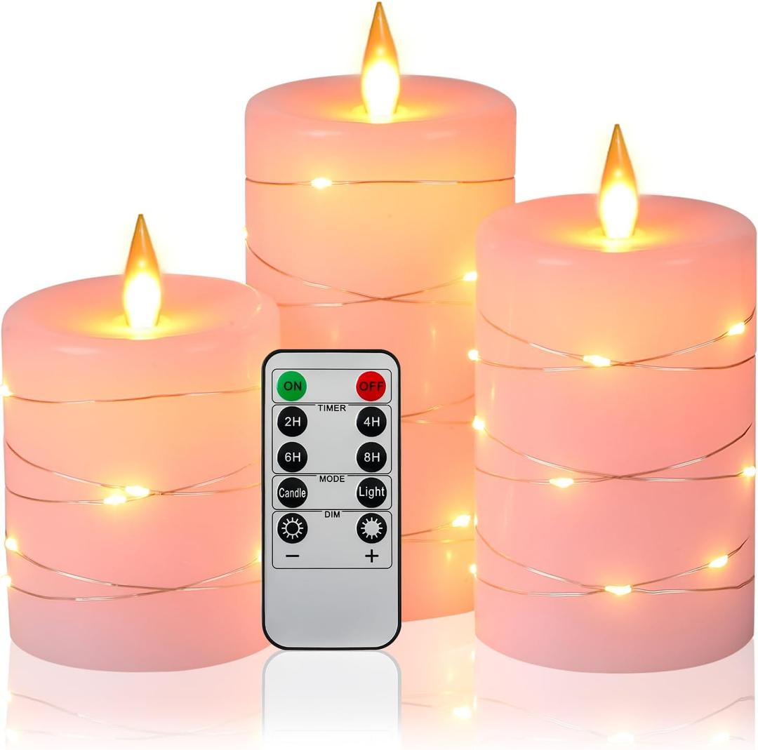 Da by Flameless Candles with String LightsBattery Operated Candles,LED Flickering Candles with Remote Control and Timer, Real Wax, 3 Pack-Pink (Rose#3*1)