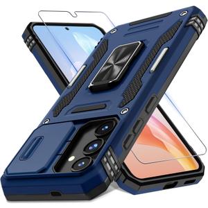 DEERLAMN Case for Samsung Galaxy S25 6.2-Inch with Slide Camera Cover+Screen Protector (1 Pack), Rotated Ring Kickstand Military Grade Shockproof Protective Cover-Navy Blue