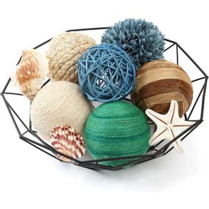 6 Pcs 3.5in Summer Spherical Decorative Balls - Blue & Green Rattan Balls with Twine for Vase & Bowl Fillers