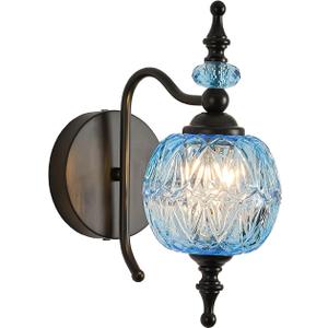 TLOLGT Vintage Wall Sconces with Black Finish Bathroom Blue Wall Light Fixtures with Crystal Glass Shade for Bedroom Living Room Kitchen Hallway