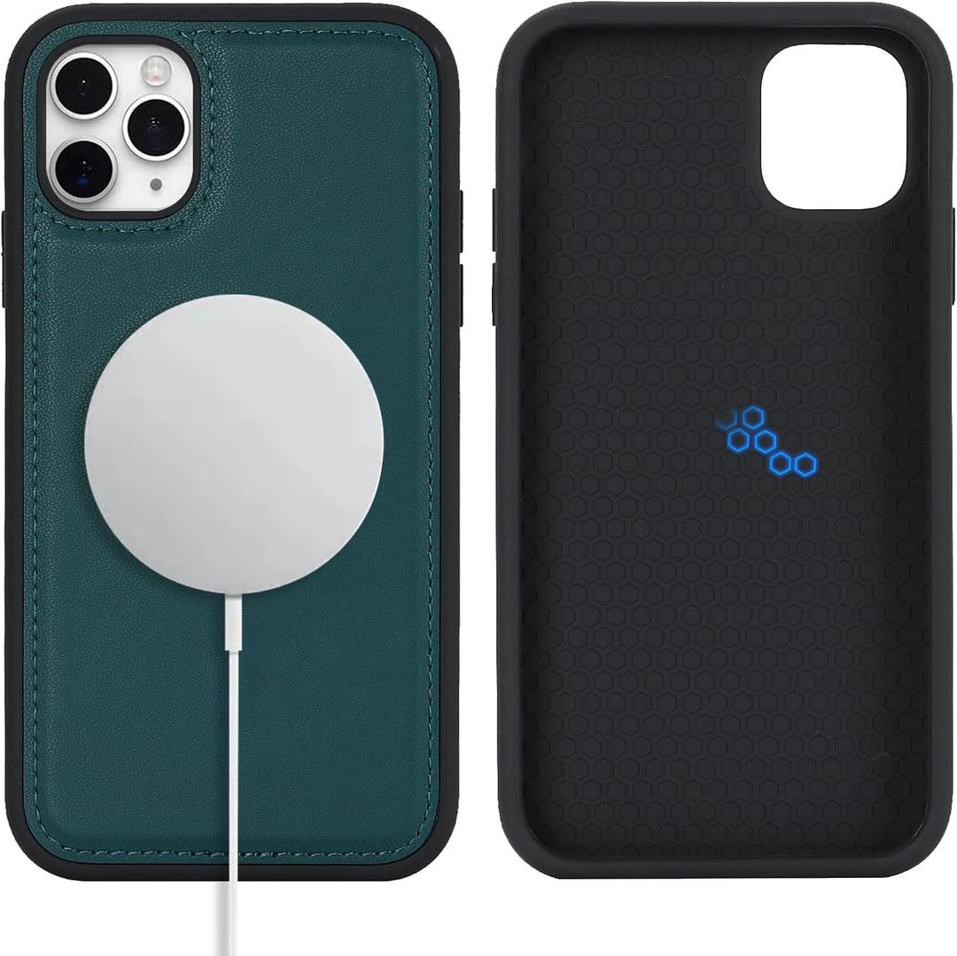 for Magsafe Magnetic case for iPhone 11 pro Leather case magsafe Compatible Wireless Charging - Green