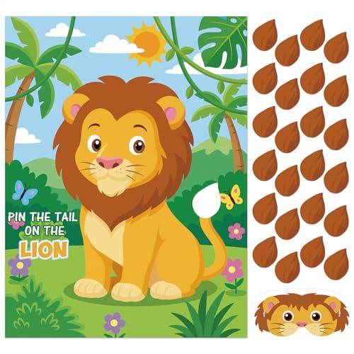 Faccito Jungle Animal Games Pin The Tail On The Lion Safari Animal Birthday Party Games with Lion Poster 24 Tail Stickers and Blindfold for Safari Jungle Zoo Forest Party Decorations Supplies