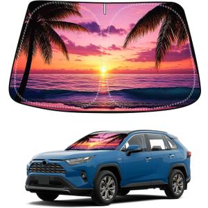 Sunset Beach Car Windshield Sun Shade Compatible with Toyota RAV4 2013 2014 2015 2016 2017 2018, Foldable Reflective Window Sunshade for UV Protection & Heat Reduction