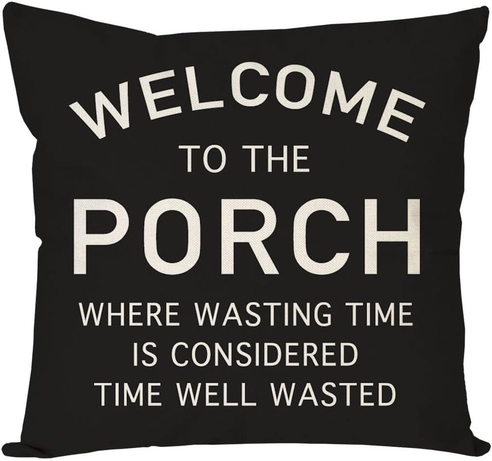 PANDICORN Farmhouse Throw Pillow Covers 18x18 Inch Welcome to The Porch Black and White Outdoor Patio Decorations Rustic Decorative Cushion Case for Back Front Porch Couch Bench Chair Decor