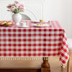 Checkered Tablecloth Rectangle Cotton Linen Gingham Table Cloth with Tassel Washable Wrinkle Free Heavy Duty Buffalo Plaid Table Cover for Dining/Party/Picnic (Red, 55" x 70" (Rectangular))