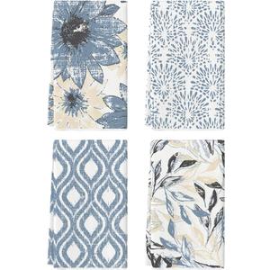 Artoid Mode Blue Floral Leaves Boho Kitchen Towels Dish Towels, 18x26 Inch Seasonal Decoration Hand Towels Set of 4
