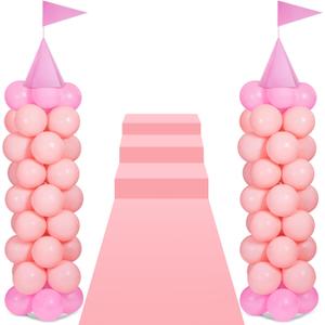 2 Sets Adjustable Pink Princess Castle Balloon Column Stand Kit Includes 140 Pcs Balloons 2 Tricorne Hat 2 Pennant 1 Carpet for Princess Birthday Party Weddings Decoration