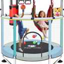 55 Trampoline for Kids - Toddler Trampoline with Adjustable Gymnastic Bar, Indoor/Outdoor Enclosure Net, No-Gap Safe Design, Up to 220 lbs, Gift for Boys & Girls (Stainless Steel, blue green)