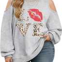NANYUAYA Plus Size Cold Shoulder Sweatshirt for Women Graphic Long Sleeve Shirt Casual Off The Shoulder Tops (Gray, XXXL)