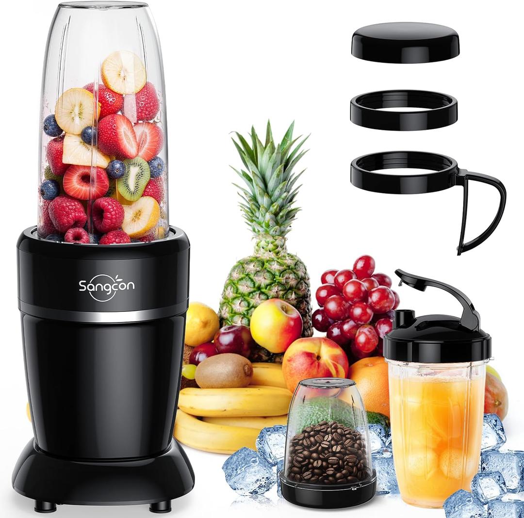 Sangcon 1000W Smoothie Blender for Kitchen, Blenders for Smoothies with (3) Cups (2) Spout Covers (1) Storage Cap (1) To-Go Cap, Portable Blender for Shakes, Ice Crushing, Frozen Drinks, Spices (Black)