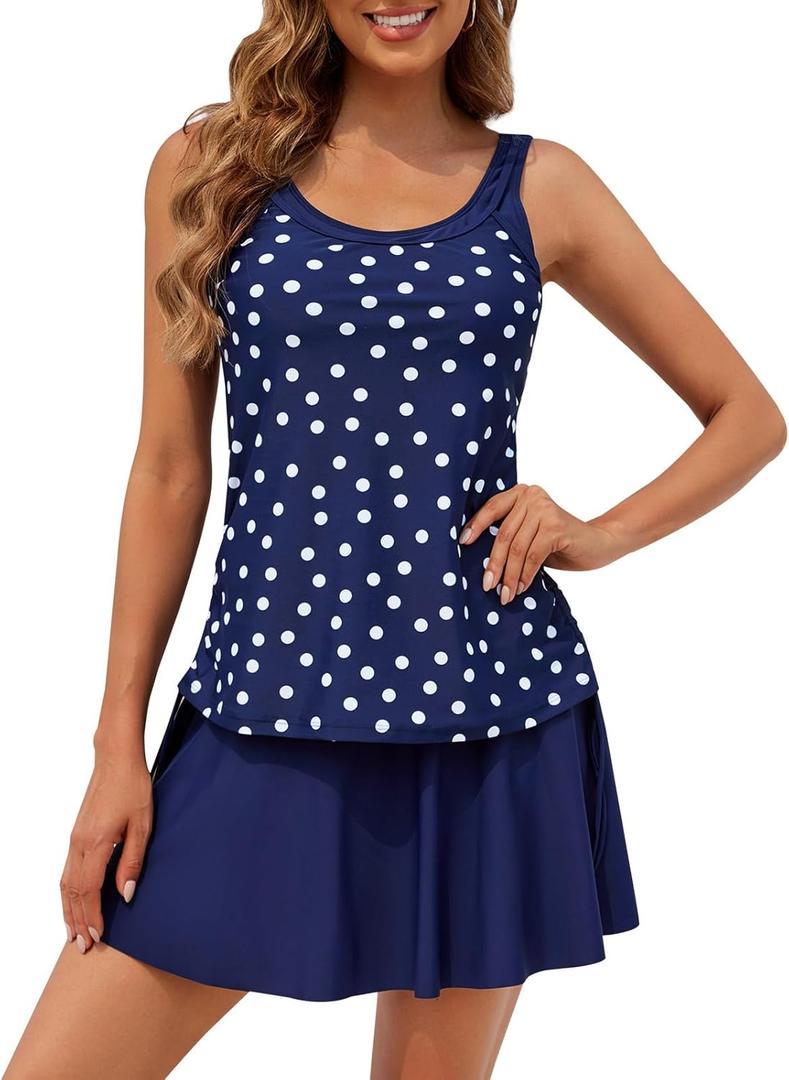 SEAFORM Women's Two-Piece Tankini Swimsuits Tummy Control Bathing Suits False Two-Piece Tankini Top with Swim Dress for Women (Blue, L)