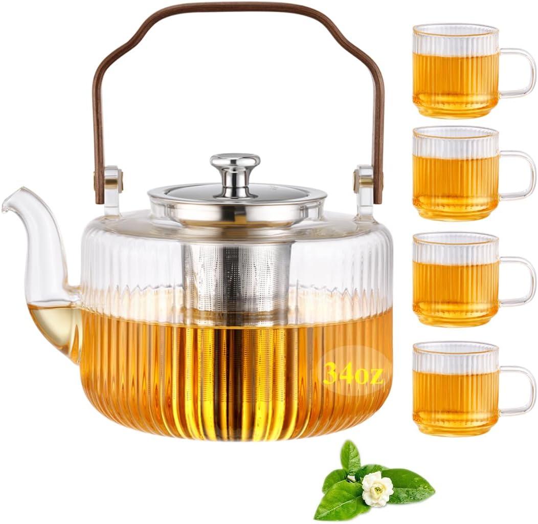 Fluted Glass Tea Pot with Infusers for Loose Tea, Clear TeaPot Stovetop Safe, Vintage Kettle Teapot with 4 Ribbed 2.5oz Tea Cup, Unique Tea Maker Gift for Loose Leaf Blooming - 34oz (1000ml)