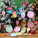 18 Pcs Pastel Candyland Hanging Ornaments Set Wood Donuts Cakes Ice Cream Pastel Macaron Dessert Pendant Decor for Tree Party New Year Wedding Baby Shower Birthday Valentine Decor