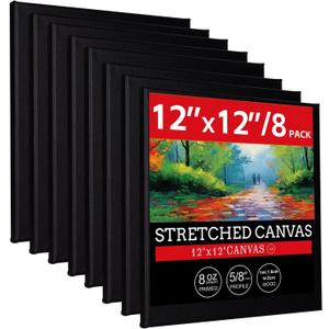 12x12 Stretched Canvases for Painting 100% Cotton Black Painting Canvas, Art Canvases for Oil, Acrylic Paint & Other Painting Media 8 Pack