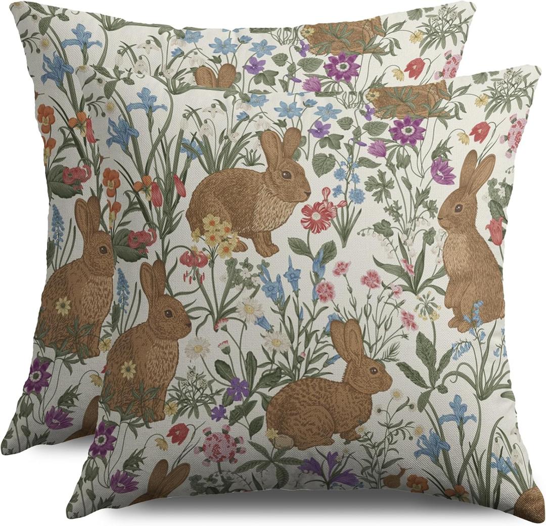 Spring Easter Pillow Covers 18X18 Set of 2, Vintage Rabbit Bunny Floral Sage Green Blue Pink Flower Decorative Throw Pillow Covers Outdoor Farmhouse Seasonal Cushion Cases Couch Sofa Bed Decor