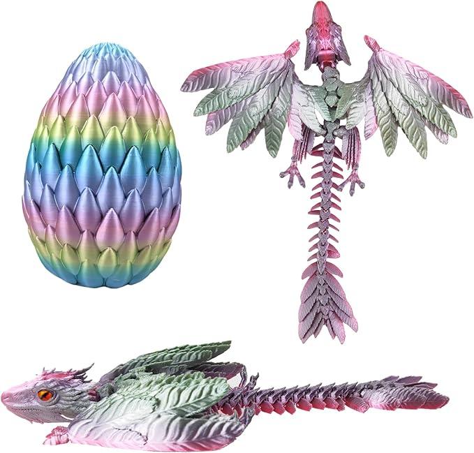 2 x Dynamic 3D Printed Dragon Eggs with Dragon Inside，Wings Movable Feathered Wyvern,Full Articulated Crystal Flying Fidget Archaeoptera Animals Toy