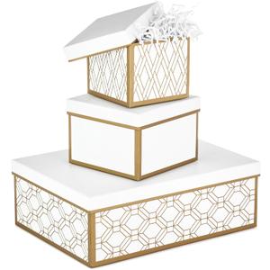 Hallmark Nested Gift Boxes with Lids and Fill (Set of 3, White and Gold, Assorted Sizes) for Weddings, Bridal Showers, Bridesmaids, Christmas, Hanukkah, Birthdays, Valentine's Day