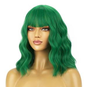 BERON 14 Inches Emerald Green Wig for Women Short Curly Green Wigs with Bangs for Daily Party Hairnet Include