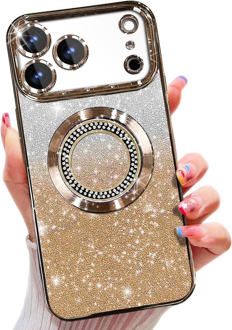 Misscase for iPhone 17 Pro Magnetic Glitter Case Compatible with MagSafe,Full Protection Slim Shockproof Anti-Scratch Case with Camera Lens Protector Plating Bling Dust-Proof Net Gold