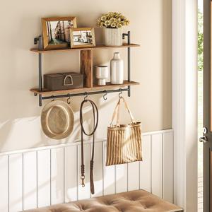 HOOBRO 30" Floating Shelves for Wall, 2-Tier Wall Mounted Shelf with 5 Hooks, Industrial Pipe Storage Shelves with Hanging Rod, for Living Room, Bathroom, Kitchen, Rustic Brown and Black BF77BJ01