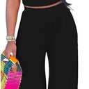 HBQ Two Piece Outfits For Women Casual Sweat Suits Backless Short Sleeve Crop Tops Wide Leg Pants Lounge Sets Tracksuit-Black-XL, X-Large