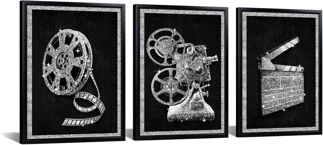 HOMEOART Movie Room Decor Home Movie Theater Cinema Wall Decor Framed Ready to Hang 12x16inchx3Pieces (Silver)
