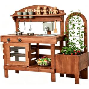 Kids Outdoor Mud Kitchen with Plant Growing Kit, Wooden Play Kitchen with Water Sink, 45