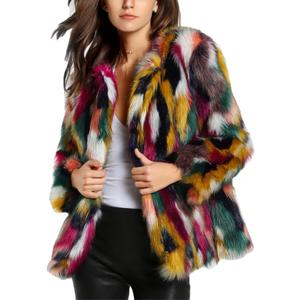 Gihuo Faux Fur Coat Women Winter Fur Fluffy Jacket Multicolor Furry Coat Jackets, L