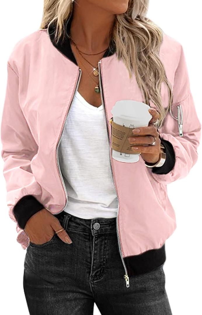 Zeagoo Women's Bomber Jacket Casual Coat Zip Up Spring Fall Clothes with Pockets S-XXL (Pink, L)
