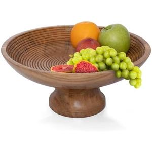 Folkulture Wooden Fruit Bowl for Kitchen Counter | 12" Large Premium Eco Friendly Banana Fruit Basket for Kitchen | Acacia Wood Bowl with Holder, Pedestal for Table Decor, Centerpiece for Dining Table