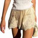 ABYOVRT Women Satin Lace Shorts Silky Pajama Lounge Shorts Elastic Waist Chic Sleepwear Bottoms (Beige, M)