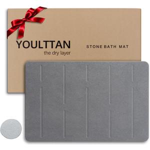 Stone Bath Mat 24"x16" - Diatomaceous Earth Shower Mat, Quick Dry, Anti-Slip, Modern Design with Bonus Non-Slip Pad - Perfect for Home Safety and Style,Gray,Straight