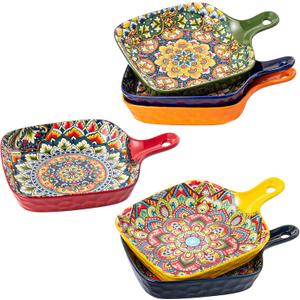 Henten Home Ceramic Square Bowls with Handle, Porcelain 17 oz Salad Bowls Set of 6, Colorful Serving Bowl for Snack, Dishwasher & Microwave Safe