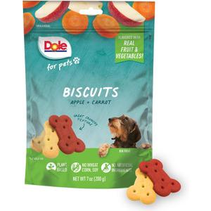 Dole for Pets Dog Biscuits Assorted Apple + Carrot Mix, Real Fruit and Vegetable Flavor Vegan Crunchy Treats, No Wheat Corn Soy or Artificial Additives, Bite Size Training Snacks for Dogs, 7 Oz (EXP 05/20/26)