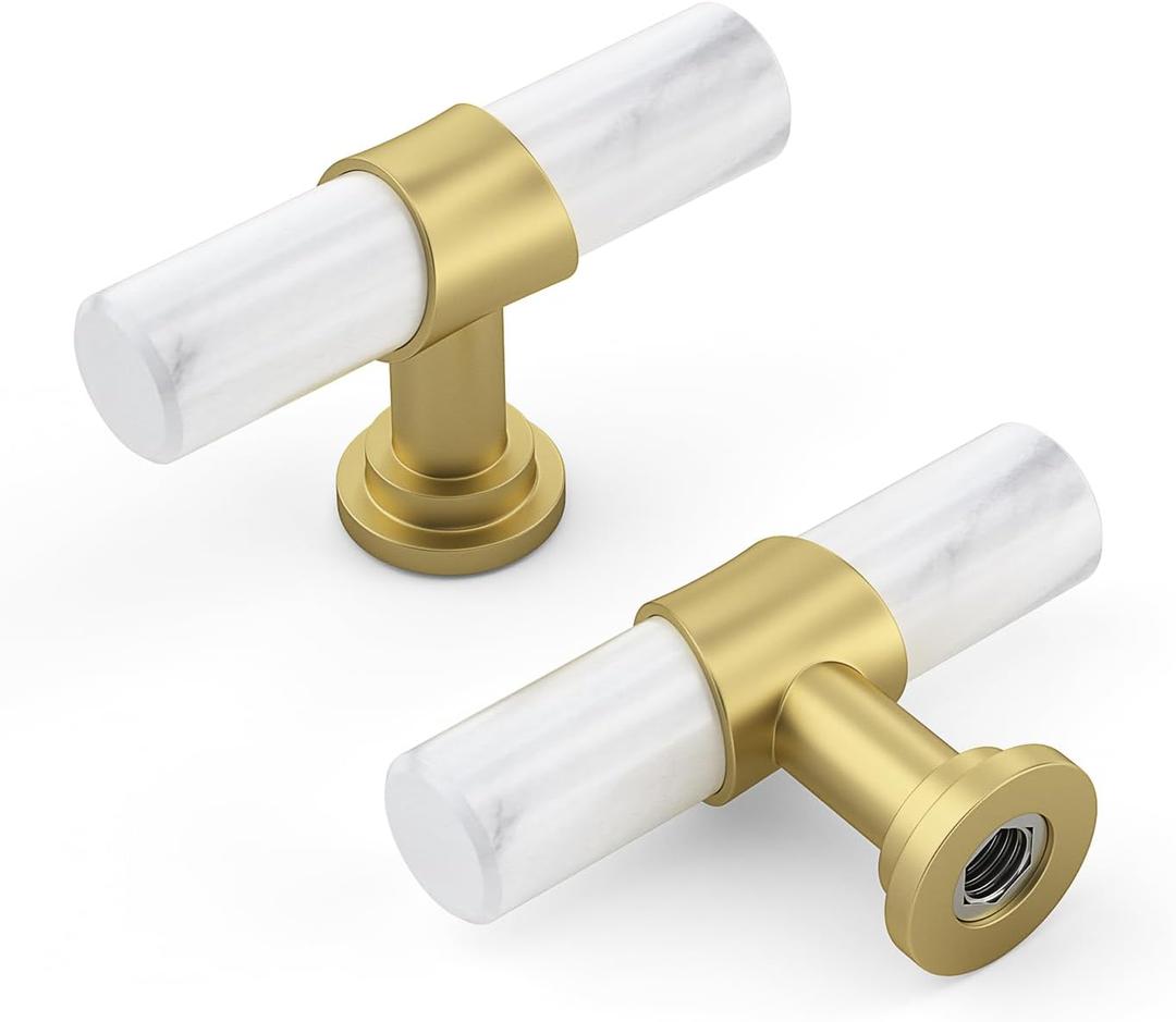 Rergy Cabinet Handles Marble Drawer Pulls and Knobs, 10Pack White Marble & Matte Gold Single Hole, T-Bar Hardware for Kitchen Dresser Zinc Alloy Furniture