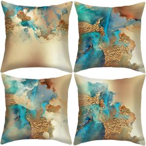 HOSTECCO Teal and Gold Throw Pillow Covers 18x18 inch Set of 4 Turquoise Gold Abstract Pillow Cases Modern Decorative Cushion Covers for Sofa Couch (Nordic Abstract 2)