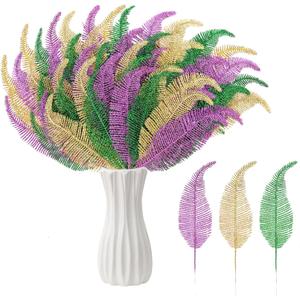 60 Pcs Mardi Gras Glitter Leaves Feathers Stems, 11.4" x 2.5" Purple Gold Green Artificial Feather Leaves Picks Vase Filler, Mardi Gras Faux Sparkly Leaf Twigs Sprays for Carnival Party Table Decor