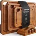 Astercook Deep-Carbonized Bamboo Cutting Boards for Kitchen with Wood Storage Stand, Reversible Charcuterie & Chopping Boards with Juice Grooves and Easy-Grip Handles, Mothers Day Gifts, Large