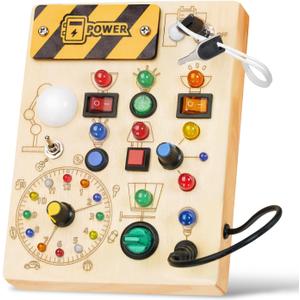 Montessori Busy Board Toys: Wooden Sensory Toy for Toddler with LED Light Up Switch, Educational/Christmas/Birthday Gifts for 1-3 Year Old Boys & Girls