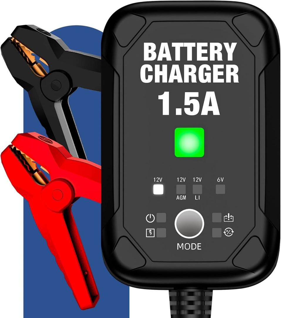1.5A 6V/12V Car Battery Charger Automatic Trickle Charger, Battery Maintainer with Overcharge Protection & Temperature Compensation for Lead Acid, AGM, Gel, Lithium Batteries
